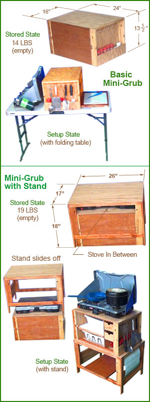 Mini-Grub camping vacation box in stored and setup states.